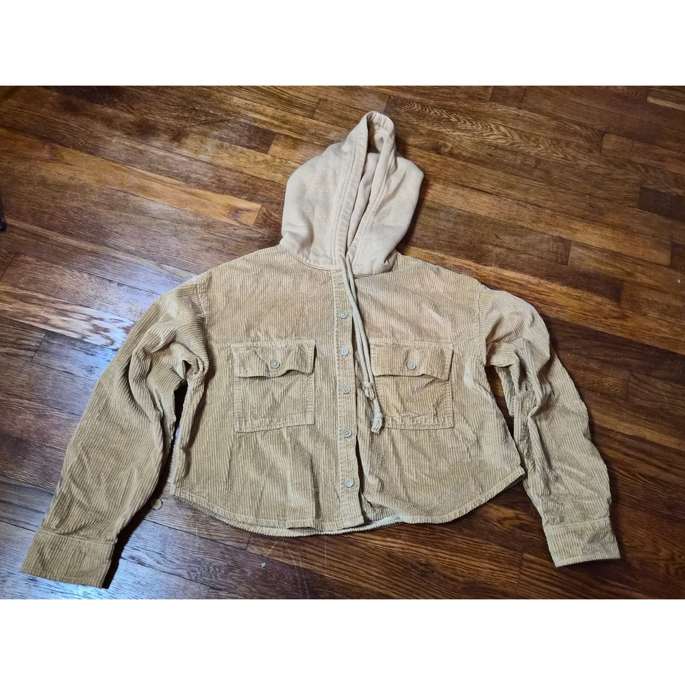 American Eagle Tan Corduroy Hooded Shacket Button Front Tan Small